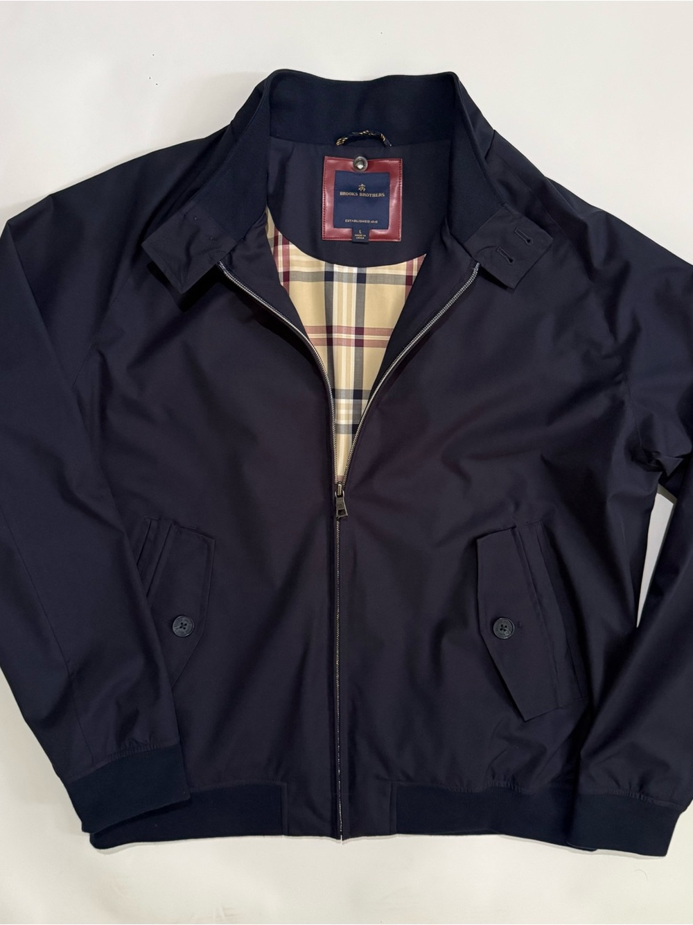 Brooks Brothers Bomber Harrington Jacket Vented Plaid Lined Large Mens Navy NWOT